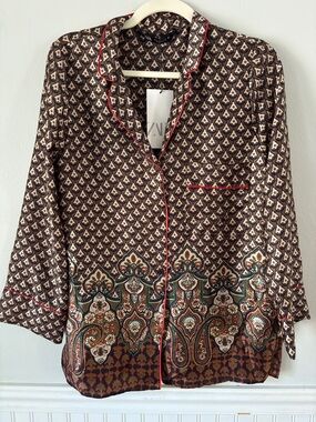 Zara Brown Pajama Style Red -Trim Satin Printed  Button-Up Blouse NWT